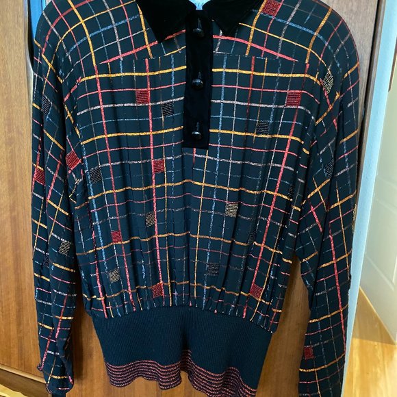 Vntg Miss O by Oscar de la Renta Blouse Rayon/Metallic/Beads Long Sl'e Sz 12 EUC - Picture 1 of 15